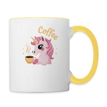 Vielleicht ist Kaffee süchtig nach mir Einhorn Lustig - Tasse zweifarbig - Weiß/Gelb - Rechts