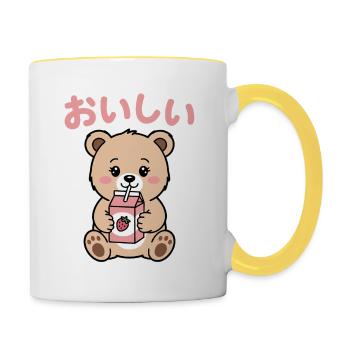 Kawaii Bear Drinking Strawberry Milk Japanese Cute - Contrasting Mug - white/yellow - Right