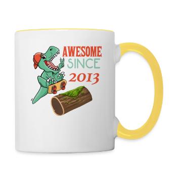 Dino Skater Geburtstag 2013 - Tasse zweifarbig - Weiß/Gelb - Rechts