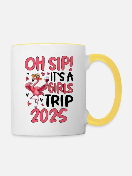 Flamingo mit Weinglas 2025 Frauenshirt - Tasse zweifarbig - Weiß/Gelb