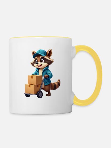 Kleiner Waschbär mit Lieferwagen - Tasse zweifarbig - Weiß/Gelb
