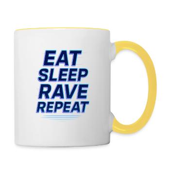 Eat Sleep Rave Repeat Shirt – Lustiges Techno EDM - Tasse zweifarbig - Weiß/Gelb - Rechts