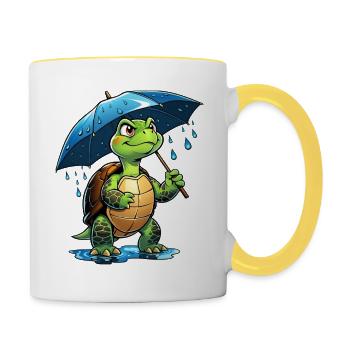Turtle in the rain with umbrella - Contrasting Mug - white/yellow - Right