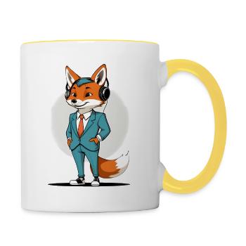 Fuchs im Anzug mit Kopfhörern - Tasse zweifarbig - Weiß/Gelb - Rechts