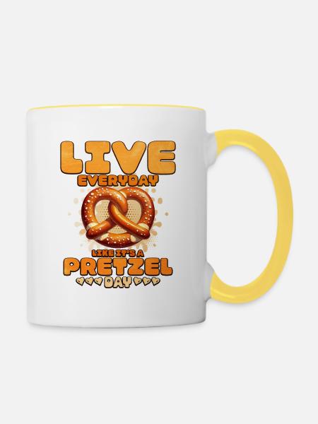Lebensfreude mit Bretzel und Herz - Tasse zweifarbig - Weiß/Gelb