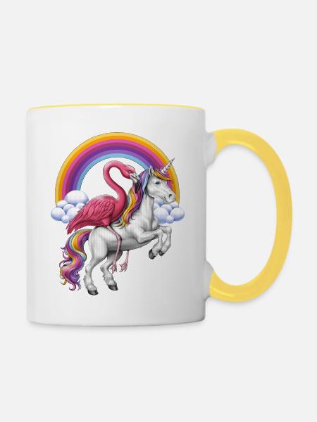 Flamingo reitet Einhorn - Tasse zweifarbig - Weiß/Gelb