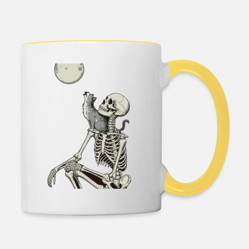 Moonlit night with skeleton and cat - Contrasting Mug - white/yellow