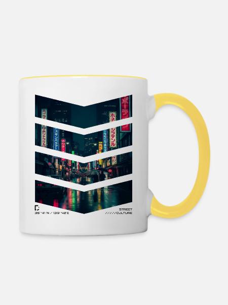Neonlicht Stadtbild Japanisch Nachtleben - Tasse zweifarbig - Weiß/Gelb