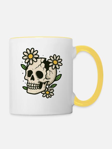 Schädel mit Blumenkranz - Tasse zweifarbig - Weiß/Gelb