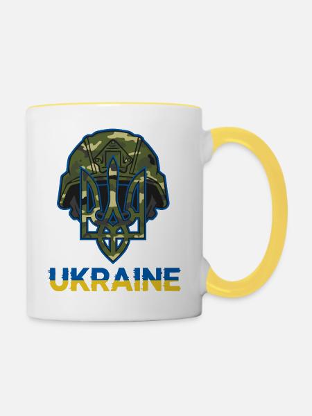 Ukraine Trident Camouflage Helm - Tasse zweifarbig - Weiß/Gelb