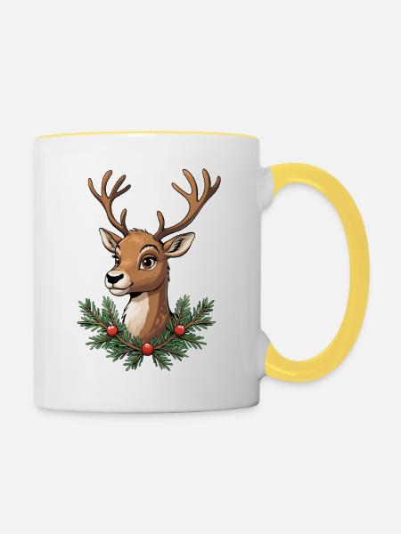 Hirschkopf mit Weihnachtskranz - Tasse zweifarbig - Weiß/Gelb