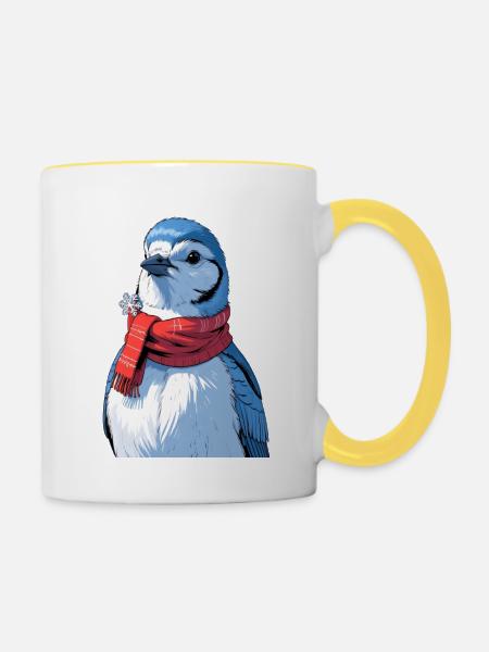 Wintervogel mit rotem Schal - Tasse zweifarbig - Weiß/Gelb