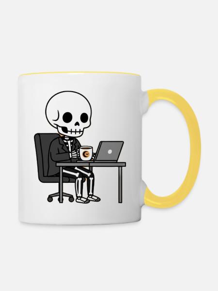Skelett im Anzug im Büro - Tasse zweifarbig - Weiß/Gelb