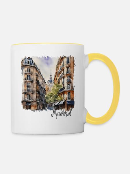Aquarell von Madrid, Madrid, Spanien - Tasse zweifarbig - Weiß/Gelb