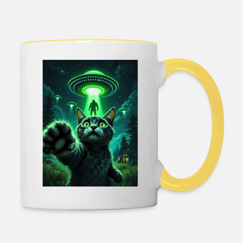 Neon cat and UFO rescue - Contrasting Mug - white/yellow