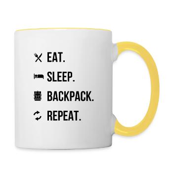 Eat, Sleep, Backpack, Repeat – Adventure Shirt - Contrasting Mug - white/yellow - Right