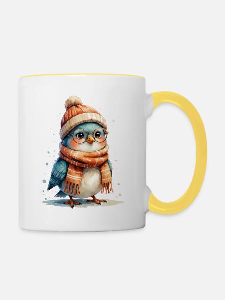 Winterfreund Vogel mit Brille - Tasse zweifarbig - Weiß/Gelb