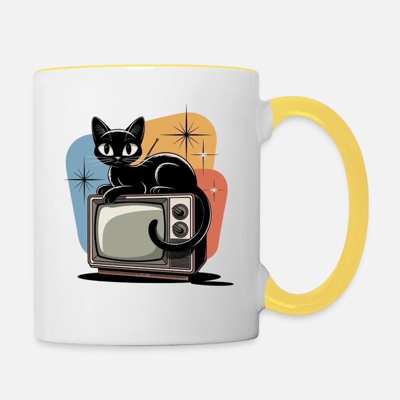 Atomique ère rétro chat vintage TV 50s 60s - Mug contrasté - blanc/jaune
