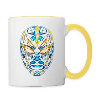 Blitzmasken Lucha Neon Blau Gold - Tasse zweifarbig - Weiß/Gelb - Rechts