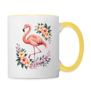 Tropical flamingo with flowers - Contrasting Mug - white/yellow - Right