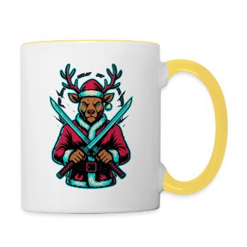 Neon Samurai Rentier Weihnachts Shirt - Tasse zweifarbig - Weiß/Gelb - Rechts