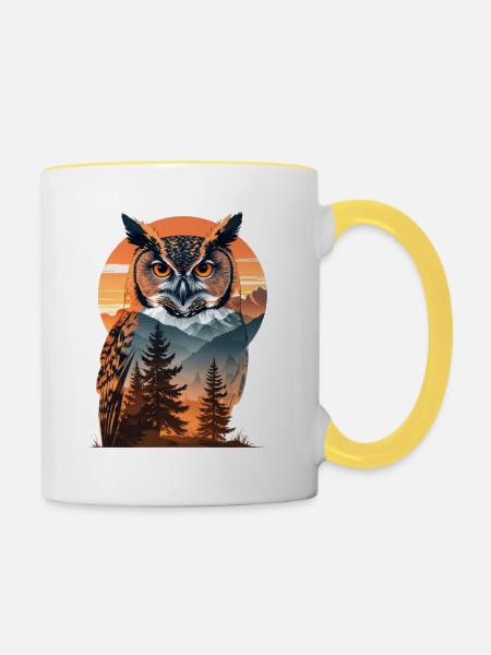 Weise Eule im Abendlicht - Tasse zweifarbig - Weiß/Gelb