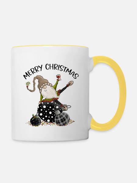 Weihnachtsgnom mit Christbaumkugeln - Tasse zweifarbig - Weiß/Gelb