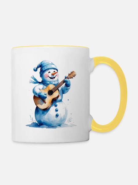 Schneemann mit Gitarre Winterlied - Tasse zweifarbig - Weiß/Gelb
