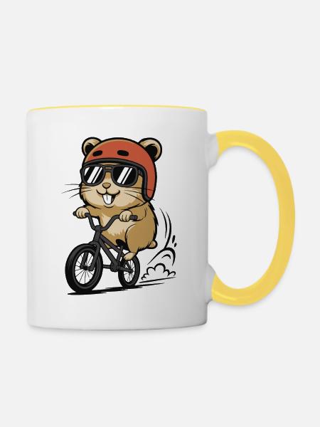 Hamster Rollerbike mit Helm - Tasse zweifarbig - Weiß/Gelb