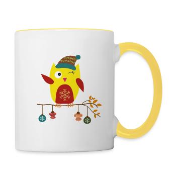 Niedliche Wintereule mit Weihnachtsflair - Tasse zweifarbig - Weiß/Gelb - Rechts