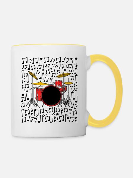 Drumset Musiknoten Schlagzeuger Musiklehrer - Tasse zweifarbig - Weiß/Gelb