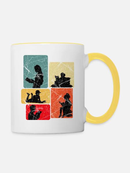 Lesende Silhouetten im Farbblockdesign - Tasse zweifarbig - Weiß/Gelb