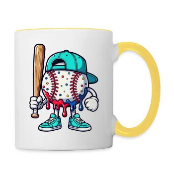 Schmelzendes Baseball-Maskottchen mit Schläger - Tasse zweifarbig - Weiß/Gelb - Rechts