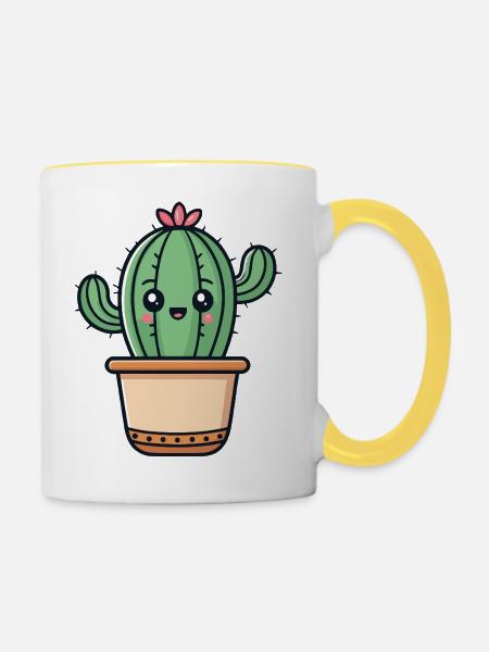 Kawaii-Kaktus im Topf - Tasse zweifarbig - Weiß/Gelb