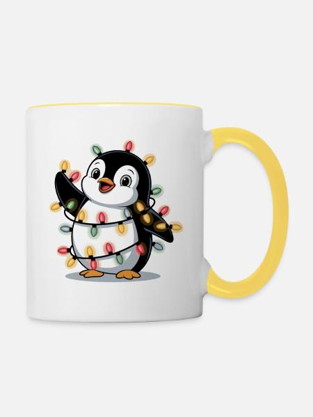 Pinguin mit Lichterkette - Tasse zweifarbig - Weiß/Gelb