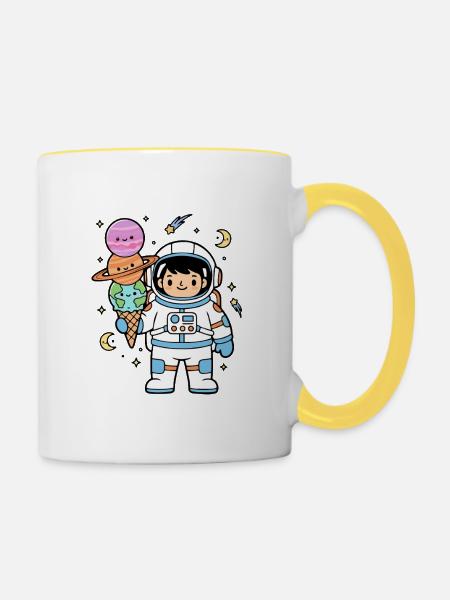 Astronauten-Kunst Essen, Weltraum-Humor - Tasse zweifarbig - Weiß/Gelb