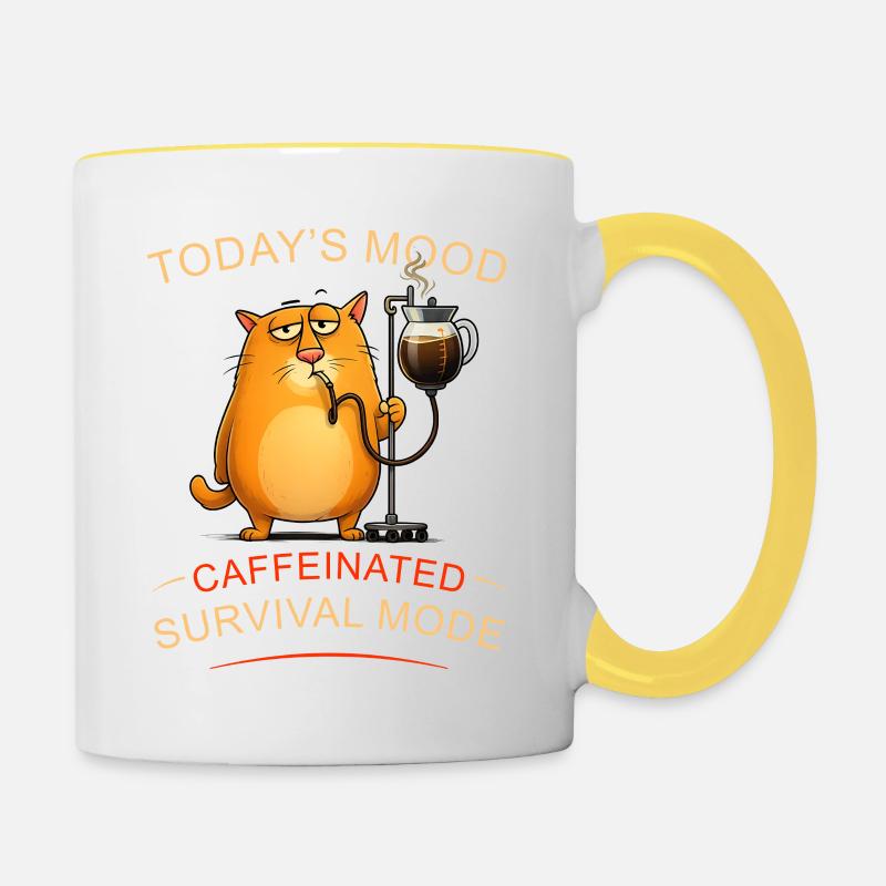 Chat du café en mode survie - Mug contrasté - blanc/jaune