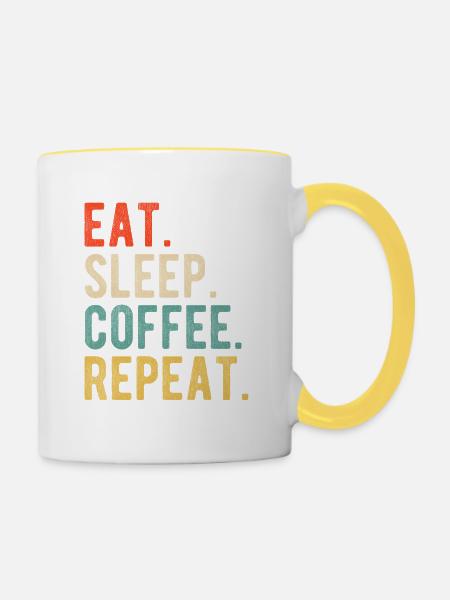 Eat Sleep Coffee Repeat Retro Kaffeeliebe - Tasse zweifarbig - Weiß/Gelb