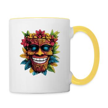 Masque Tiki avec couronne florale - Mug contrasté - blanc/jaune - Droite