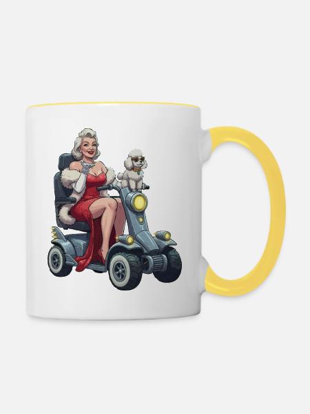 Pinup-Diva auf Mobilitätsroller und Hund - Tasse zweifarbig - Weiß/Gelb