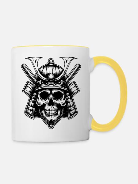 Schädel Samurai Krieger Emblem - Tasse zweifarbig - Weiß/Gelb