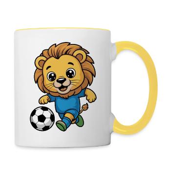 Lion jouant au football - Mug contrasté - blanc/jaune - Droite