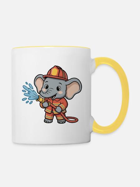 Elefant Feuerwehrheld mit Schlauch - Tasse zweifarbig - Weiß/Gelb