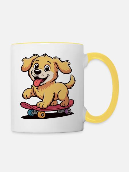 Skateboard Hund Cartoon - Tasse zweifarbig - Weiß/Gelb