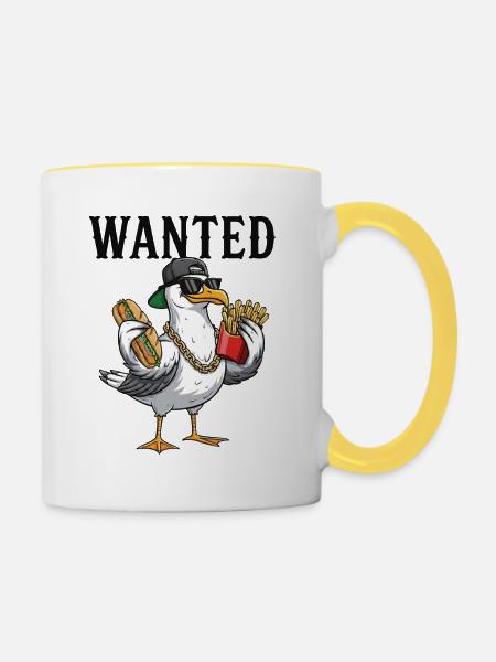 Gesuchte Möwe Mit Pommes Und Fischbrötchen - Tasse zweifarbig - Weiß/Gelb