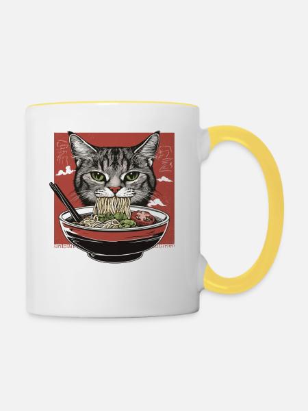 Katze mit Ramen - Tasse zweifarbig - Weiß/Gelb