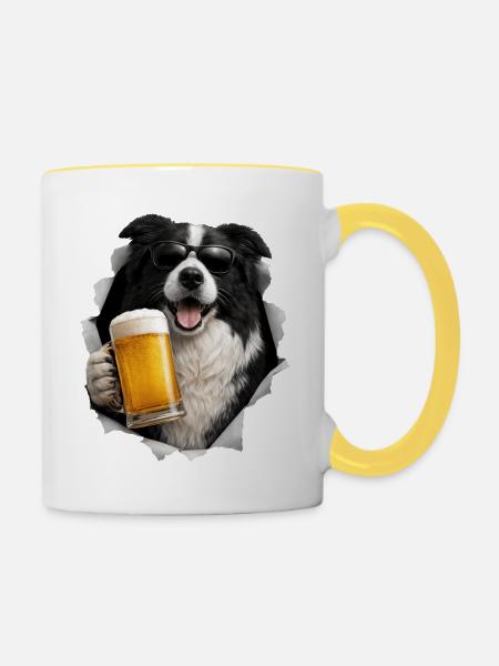Border Collie Bier - Tasse zweifarbig - Weiß/Gelb