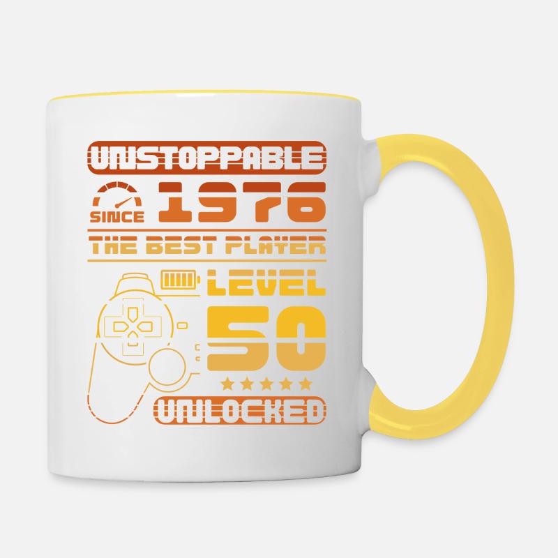 Unstoppable since 1976, Level 50 unlocked - Contrasting Mug - white/yellow