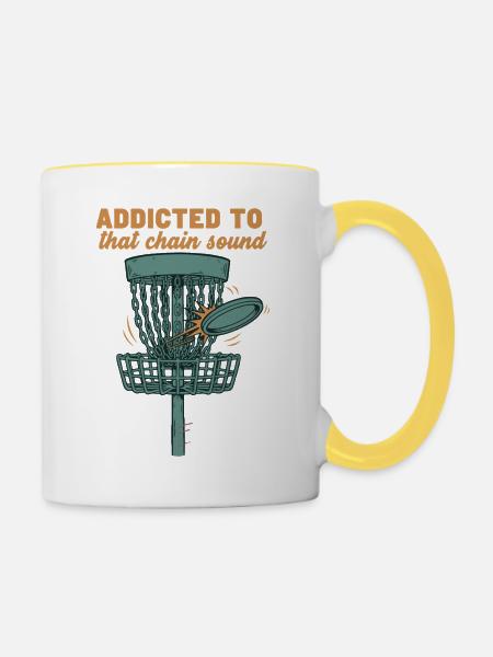 Süchtig nach diesem Kettensound-Discgolf-Korb - Tasse zweifarbig - Weiß/Gelb