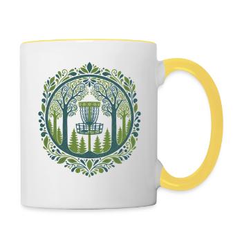 Panier de disc golf dans l’art de la scène boisée - Mug contrasté - blanc/jaune - Droite